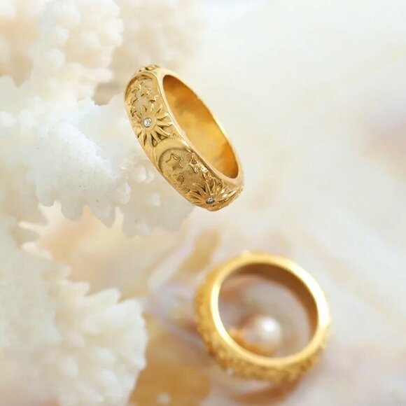 NWT Band Ring 18K Gold Plated Star Moon Sun Raised Design Thick Band Ring Women’ - Picture 7 of 11